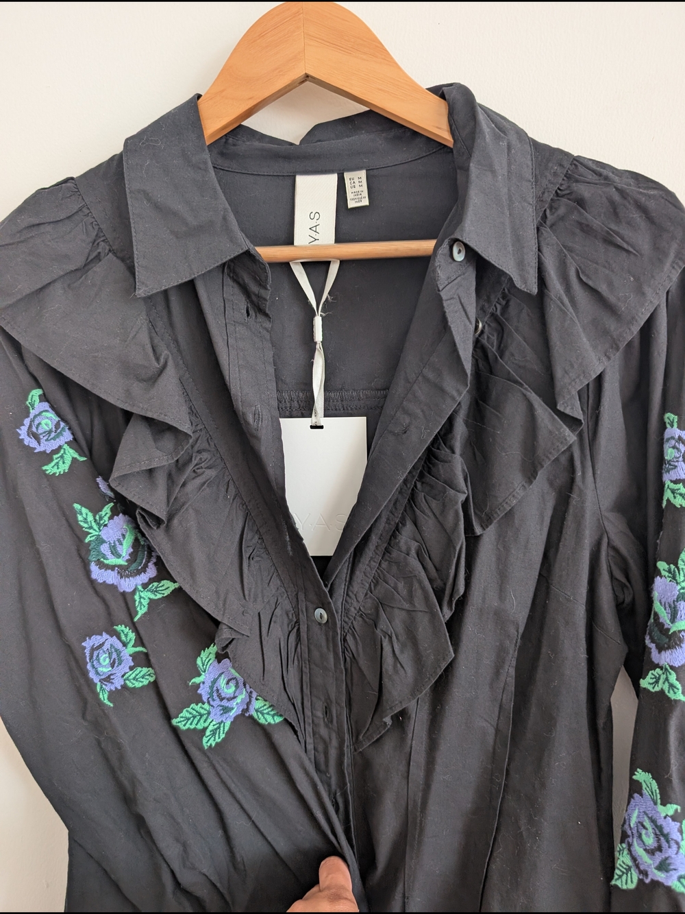 Black Ruffle Front Embroidered Sleeve Dress